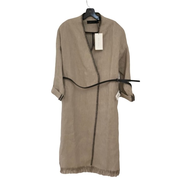 Zara Woman Stripe Wrap Dress Coat Sz Med Belted Linen Fringe Hem Roll Up Sleeves - Picture 7 of 14